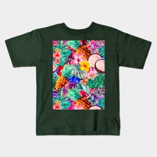 tropical pineapple exotic botanical illustration with floral tropical fruits, exotic flowers, coconuts, hot pink and purple fruit pattern over a Kids T-Shirt